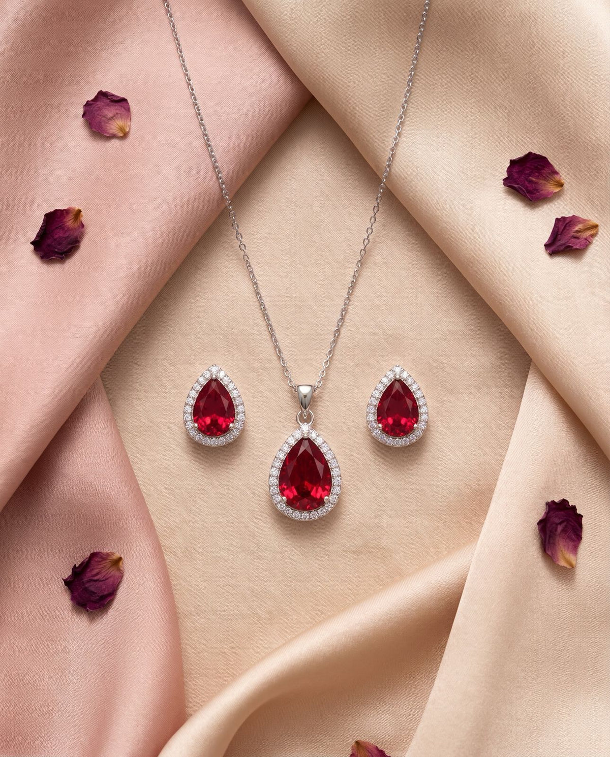 Ruby Teardrop Halo Pendant Set – Silver