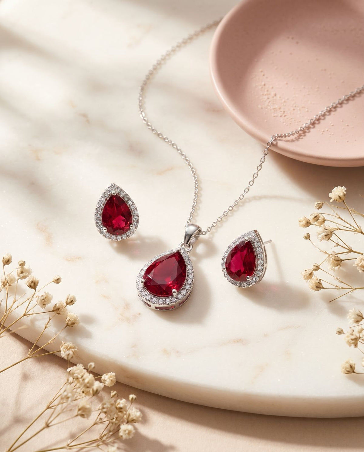 Ruby Teardrop Halo Pendant Set – Silver