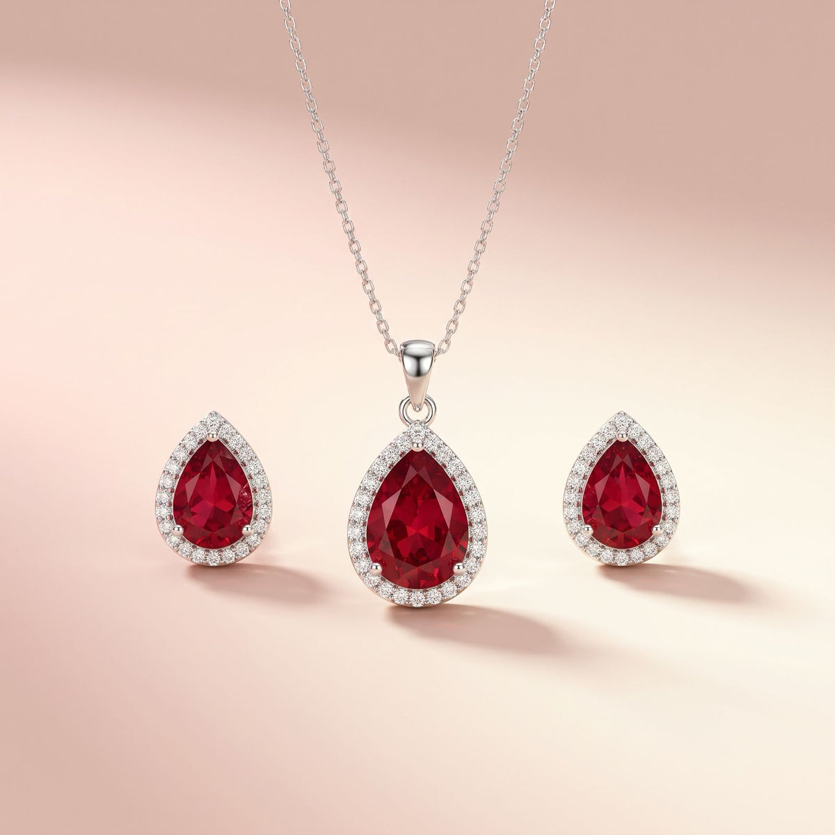 Ruby Teardrop Halo Pendant Set – Silver