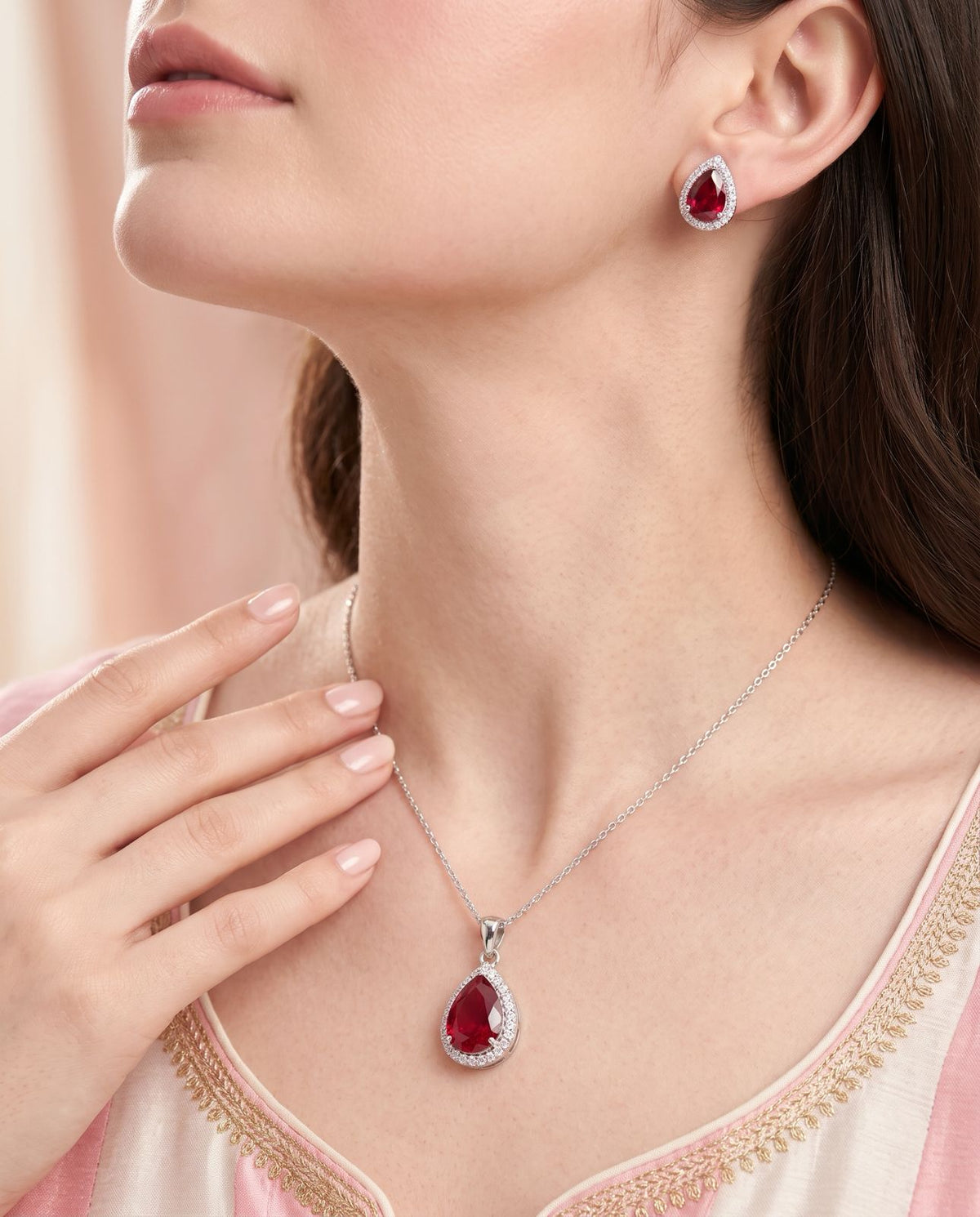 Ruby Teardrop Halo Pendant Set – Silver